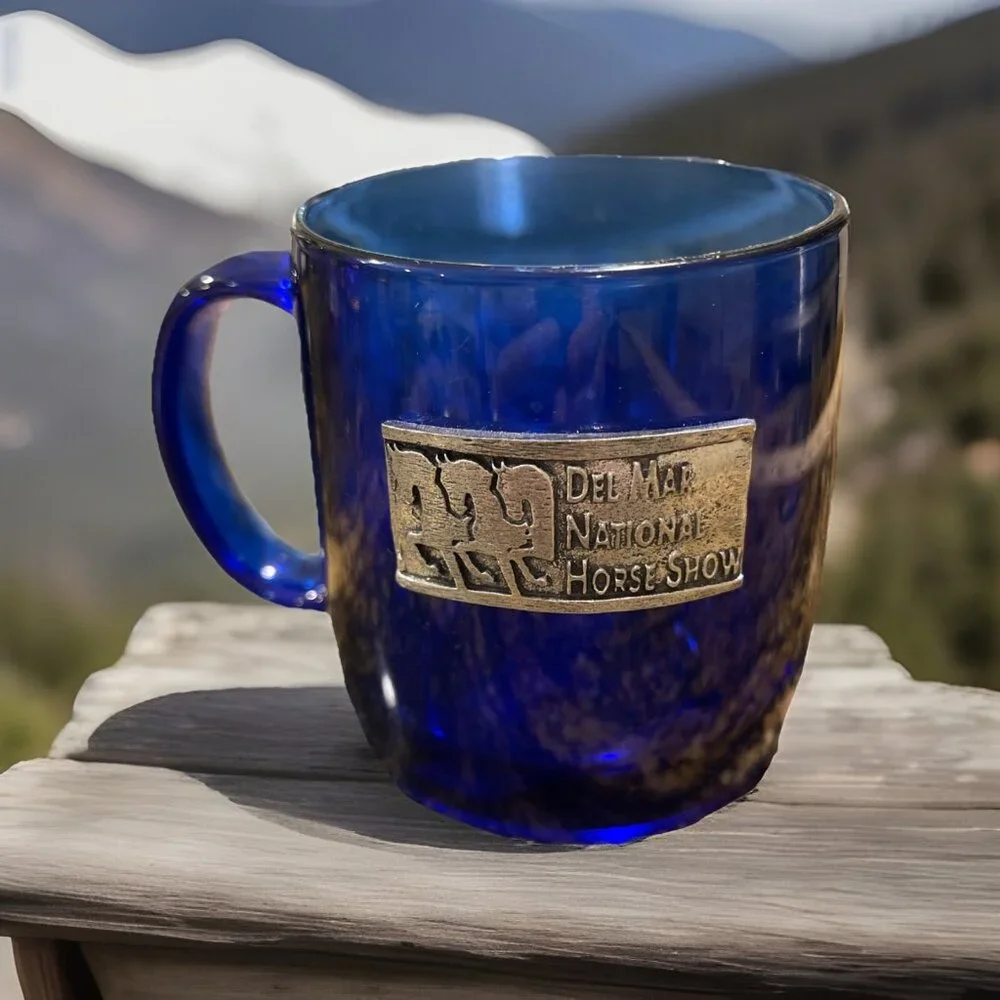 Hand Cast USA Pewter Plaque - Cobalt Blue Glass Cup Made In France Del Mar Horse